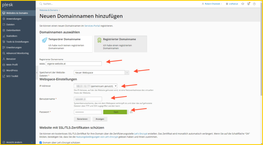 Domain in Plesk anlegen - Ansicht 1